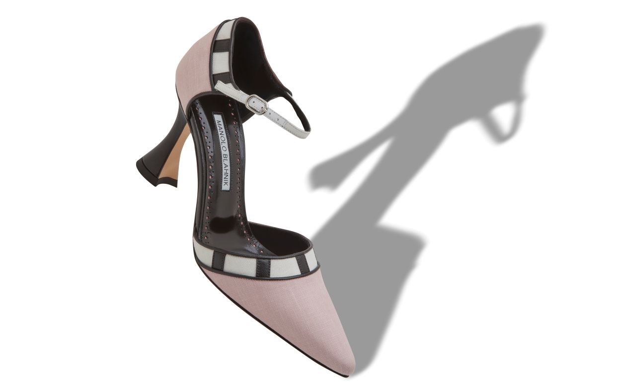 Designer Pink, Black and Cream Linen Pointed Toe Pumps - Image small_image