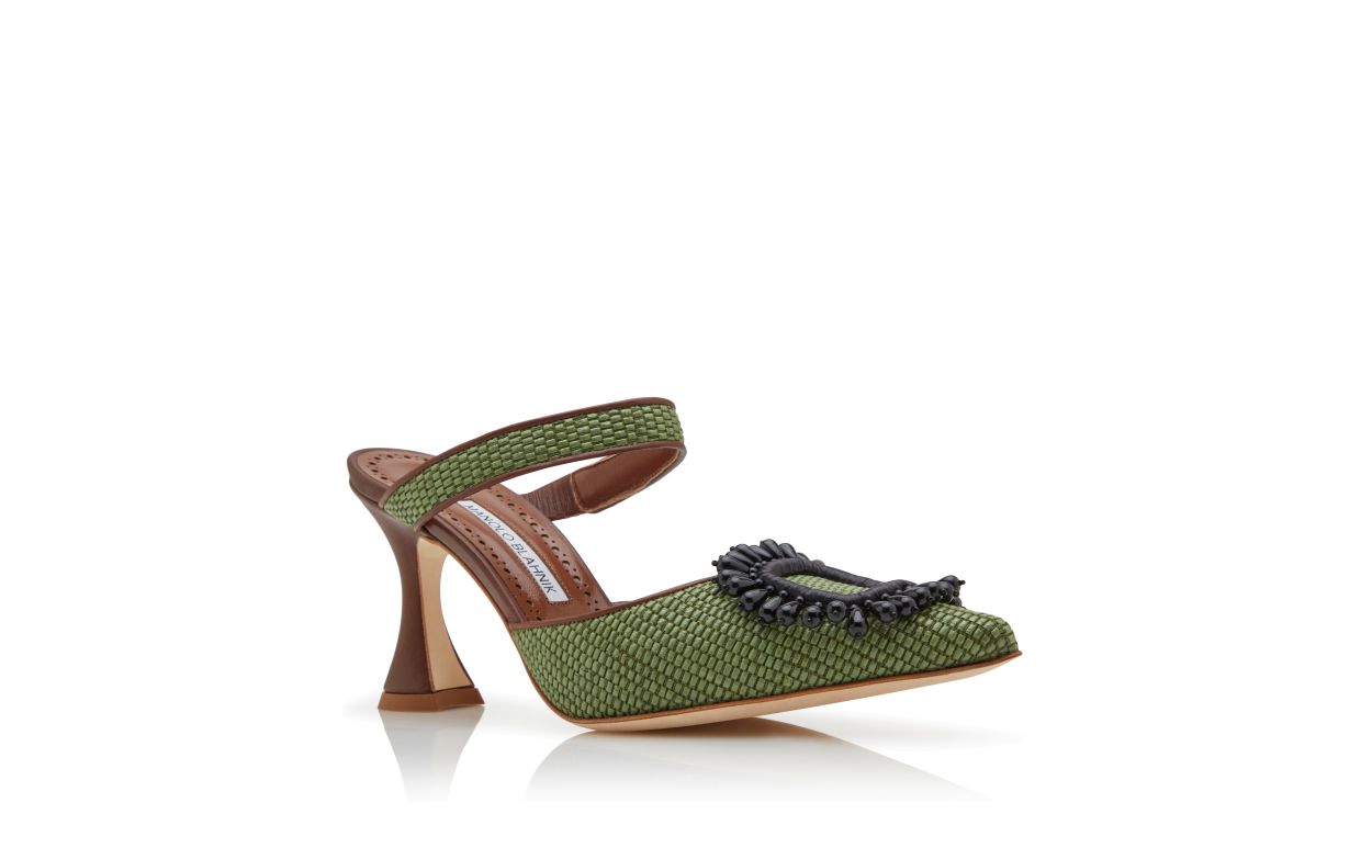 Designer Green and Brown Raffia Pointed Toe Mules - Image Upsell