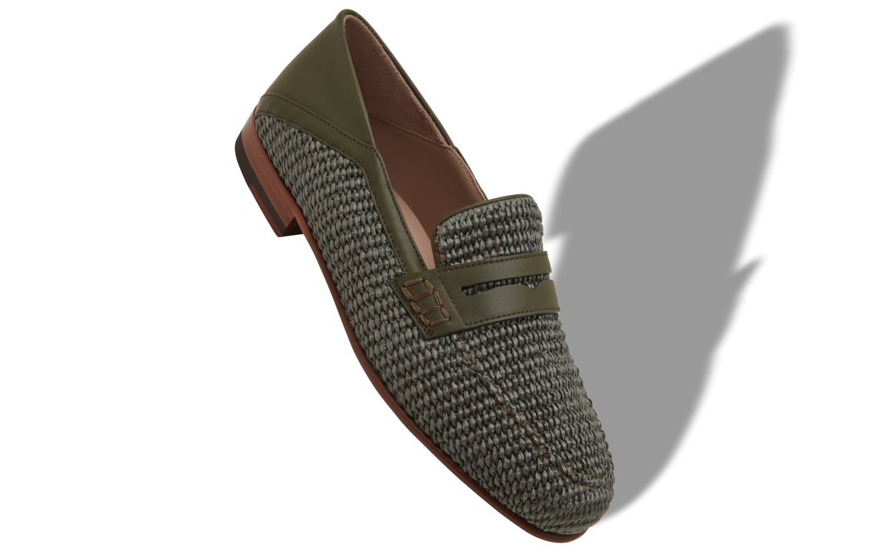 Designer Dark Green Raffia Penny Loafers - Image small_image