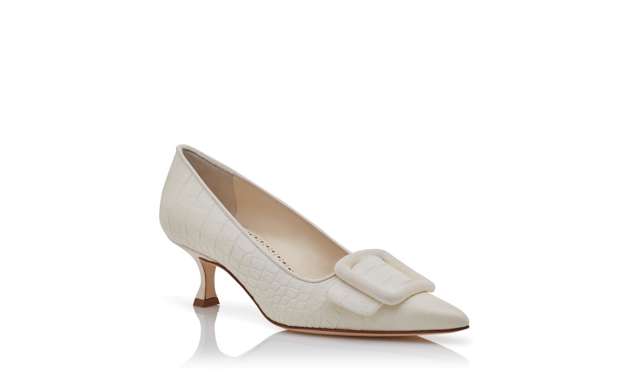 Designer Light Cream Calf Leather Buckle Detail Pumps - Image Upsell