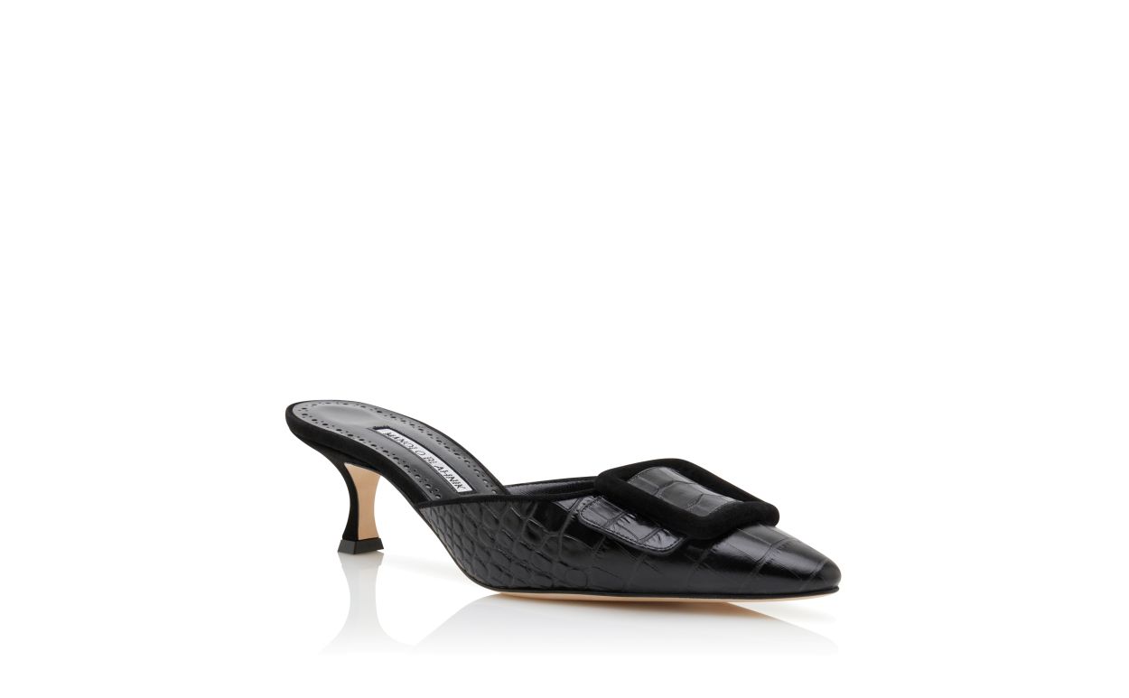 Designer Black Calf Leather Buckle Detail Mules - Image Upsell