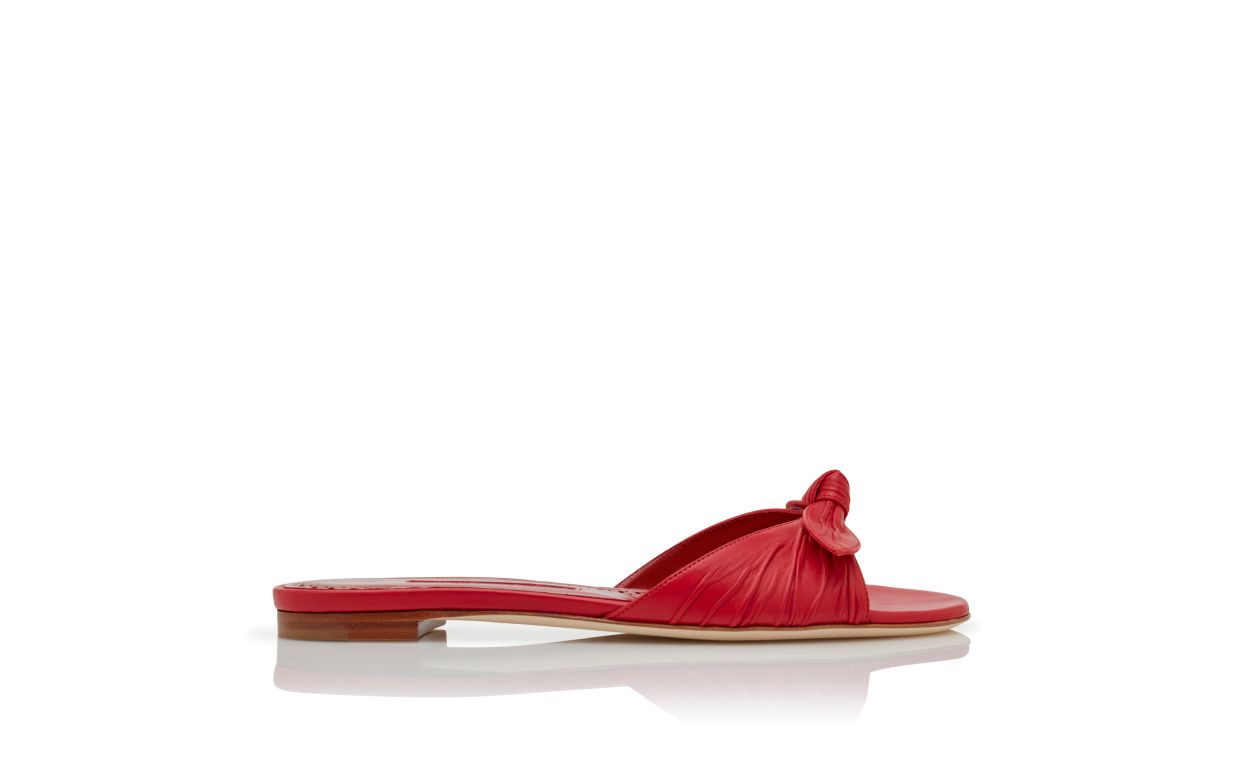 Designer Red Nappa Leather Bow Detail Flat Sandals - Image Side View