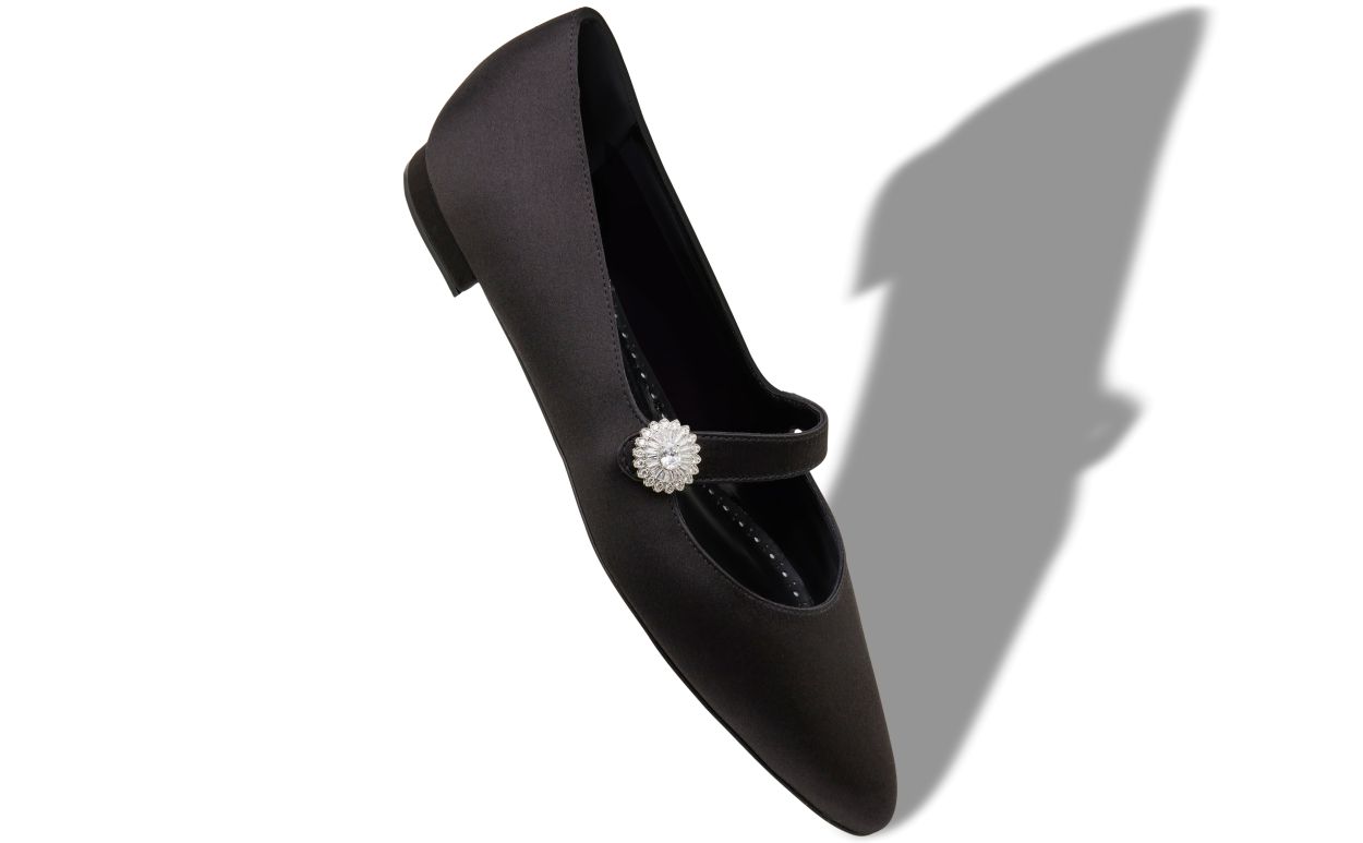 Designer Black Satin Embellished Mary Jane Flat Pumps - Image small_image