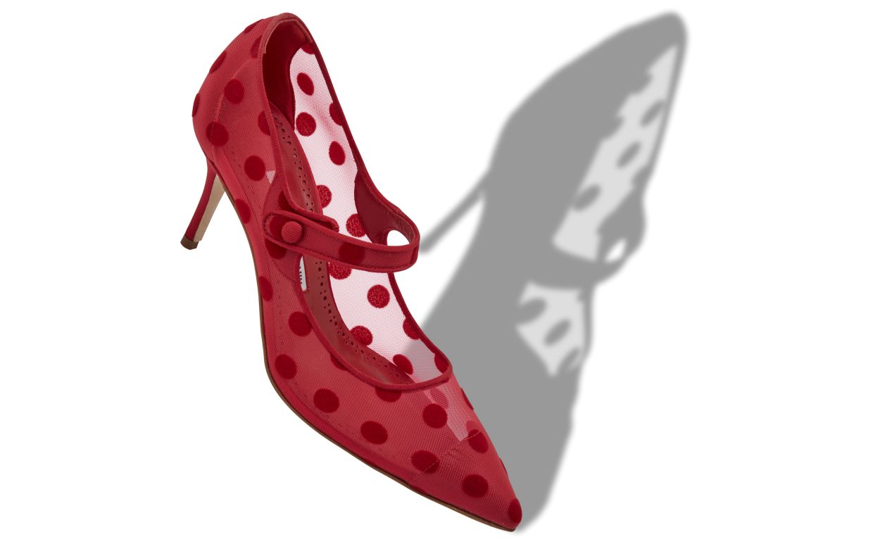 Designer Red Mesh Polka Dot Pointed Toe Pumps - Image small_image