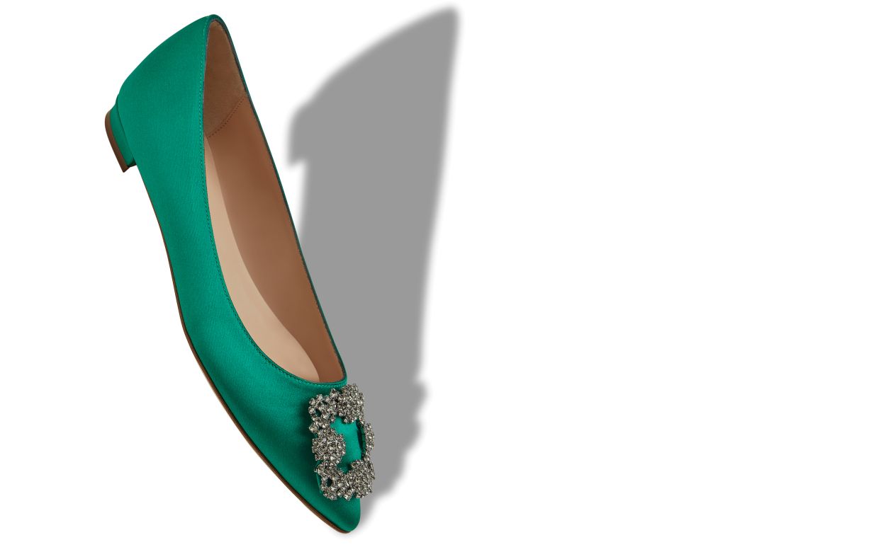 Designer Green Satin Jewel Buckle Flat Pumps - Image small_image