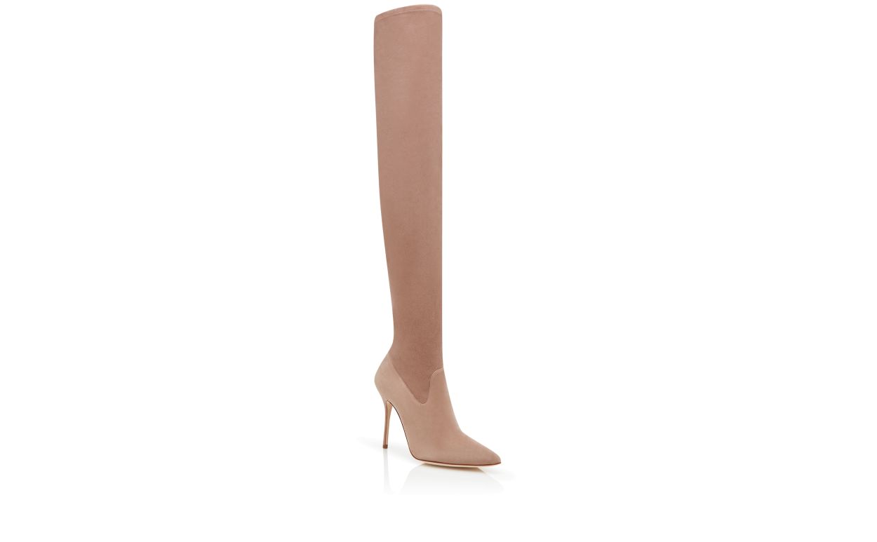 Designer Beige Suede Fitted Thigh High Boots - Image Upsell