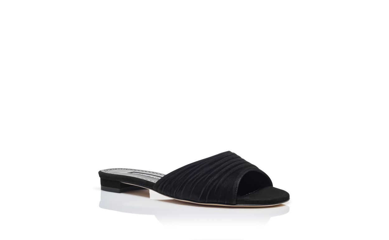 Designer Black Suede Ruched Detail Flat Sandals - Image Upsell