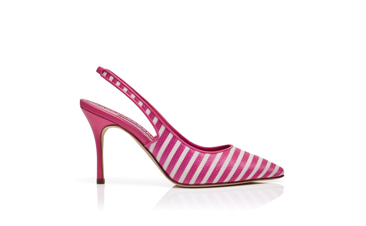 Designer Pink and White Cotton Striped Slingback Pumps - Image Side View