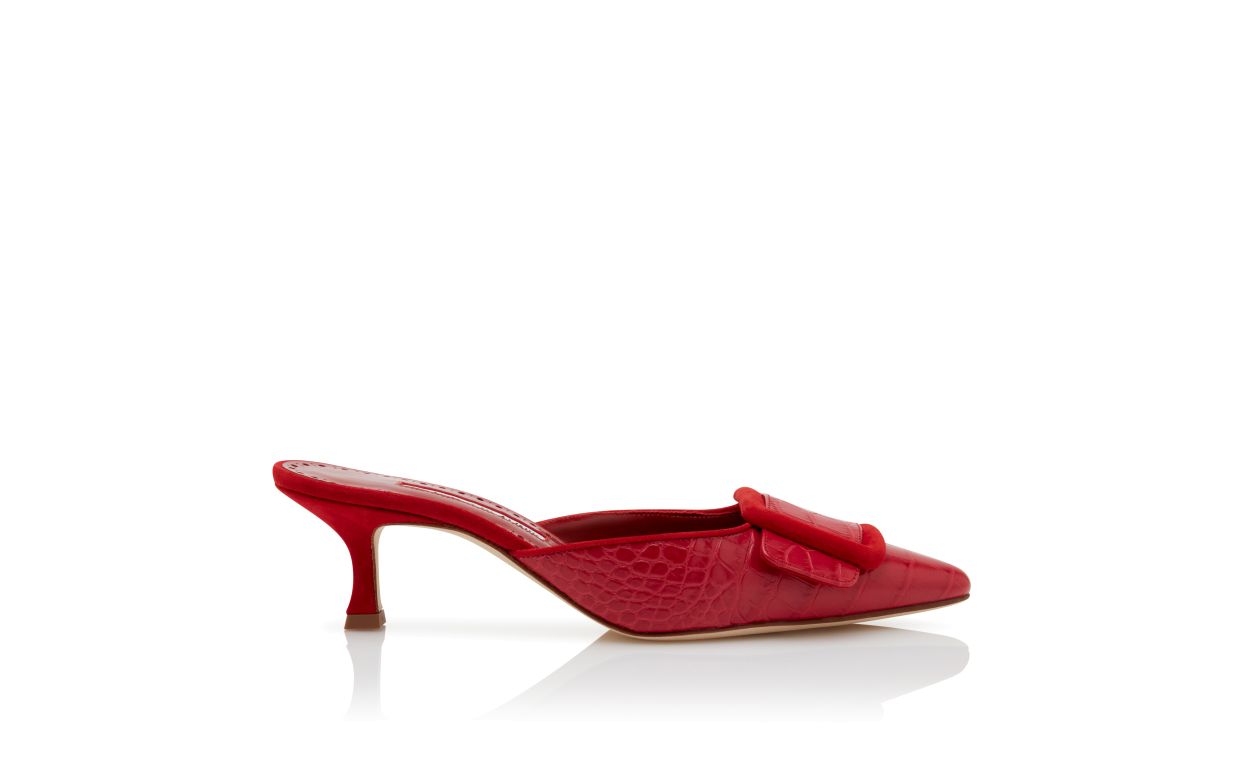 Designer Red Calf Leather Buckle Detail Mules - Image Side View