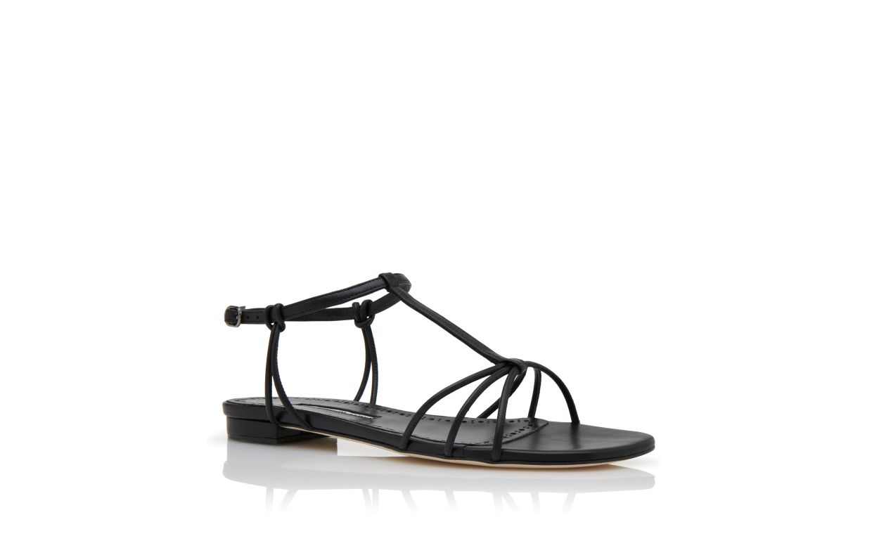 Designer Black Nappa Leather Ankle Strap Flat Sandals - Image Upsell