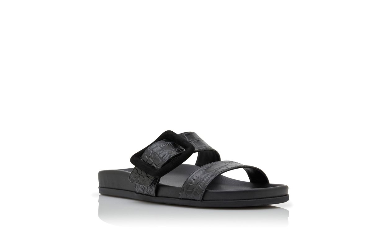 Designer Black Calf Leather Buckle Detail Flat Mules - Image Upsell