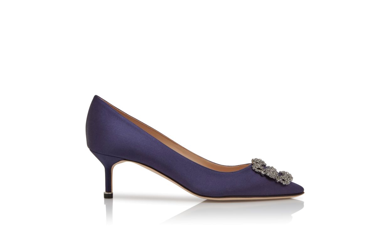 Designer Dark Blue Satin Jewel Buckle Pumps - Image Side View