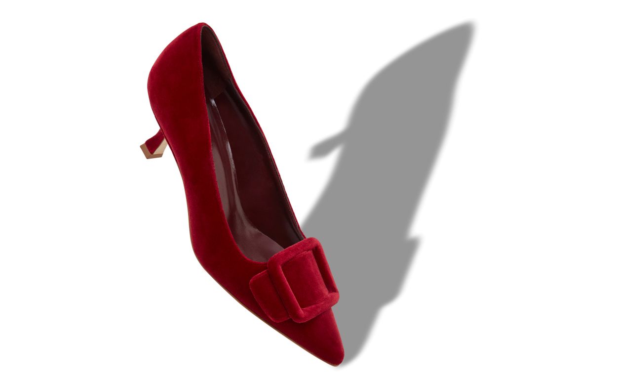 Designer Red Velvet Buckle Detail Pumps - Image small_image