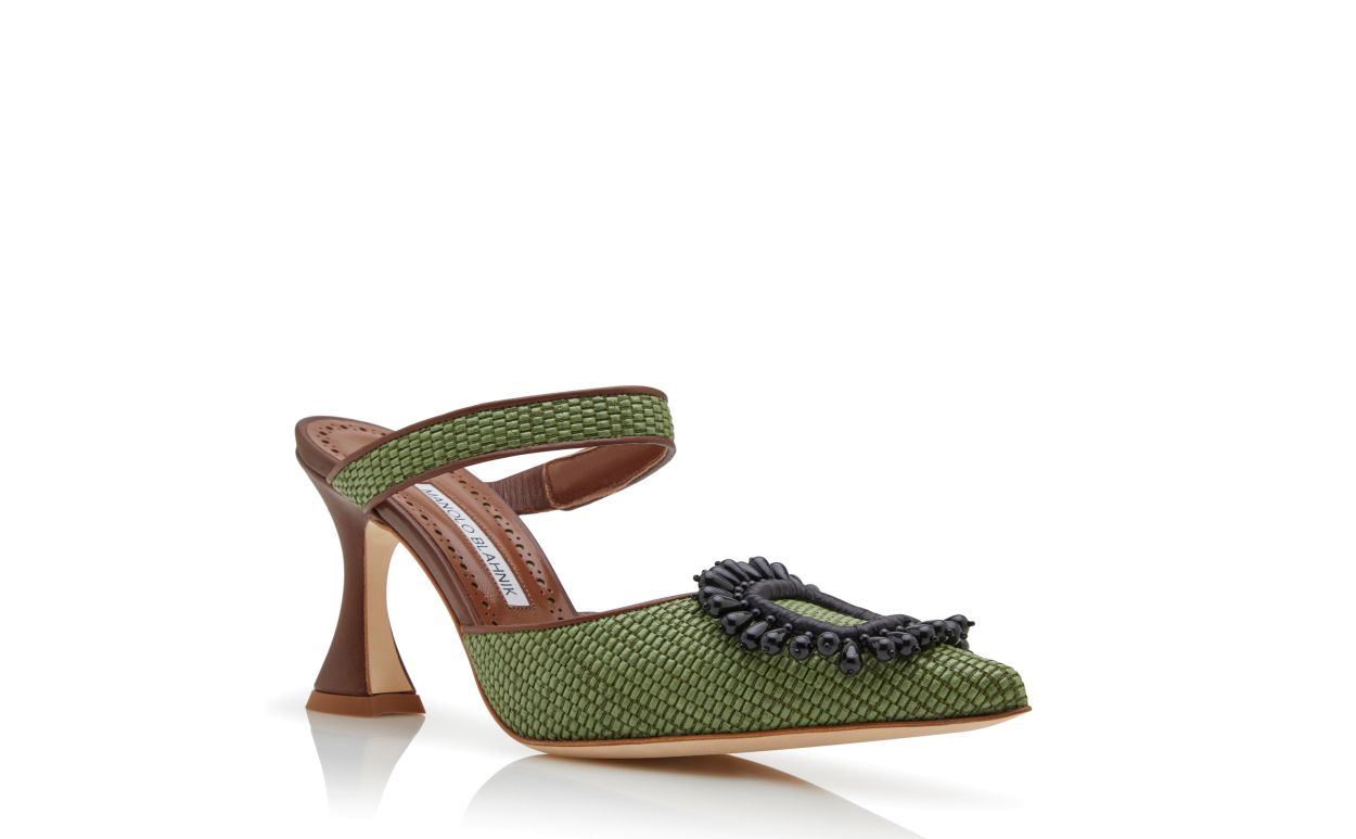 Designer Green and Brown Raffia Pointed Toe Mules - Image Upsell