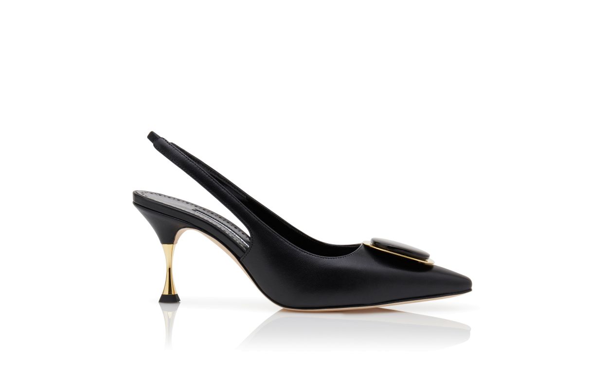 Designer Black Nappa Leather Slingback Pumps - Image Side View