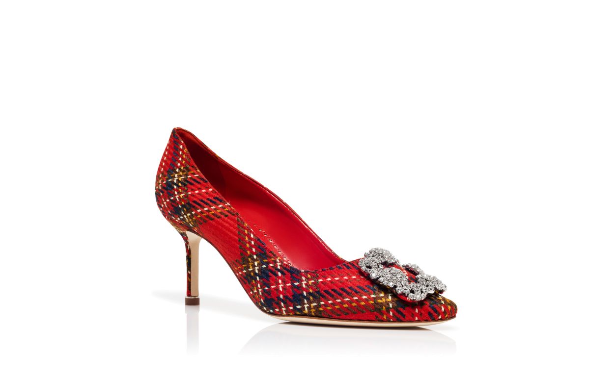 Designer Red Wool Tartan Jewel Buckle Pumps  - Image Upsell