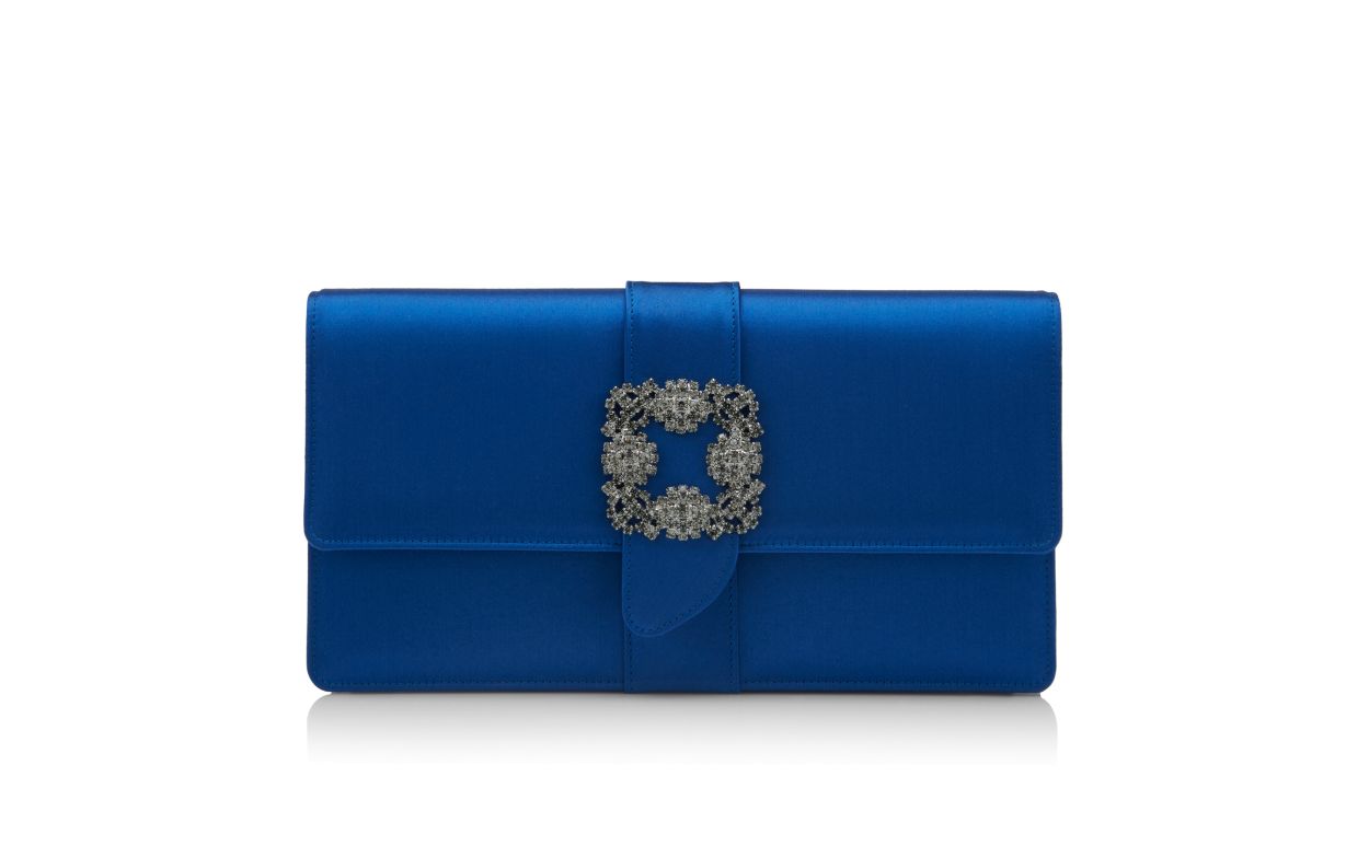 Designer Blue Satin Jewel Buckle Clutch - Image Side View