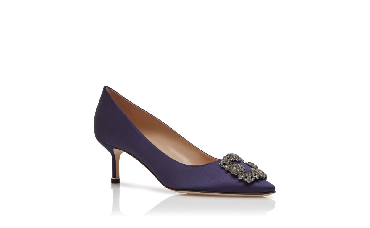 Designer Dark Blue Satin Jewel Buckle Pumps - Image Upsell