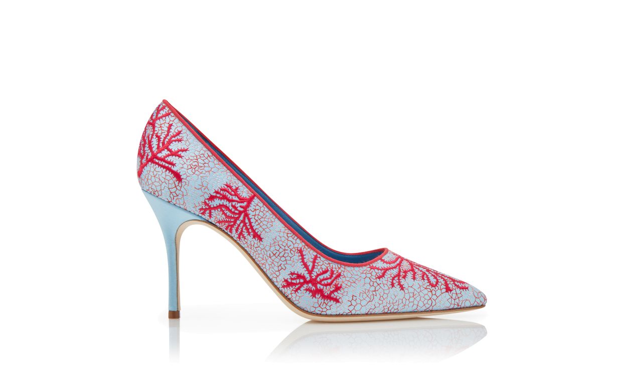 Designer Light Blue and Red Satin Embroidered Pumps - Image Side View