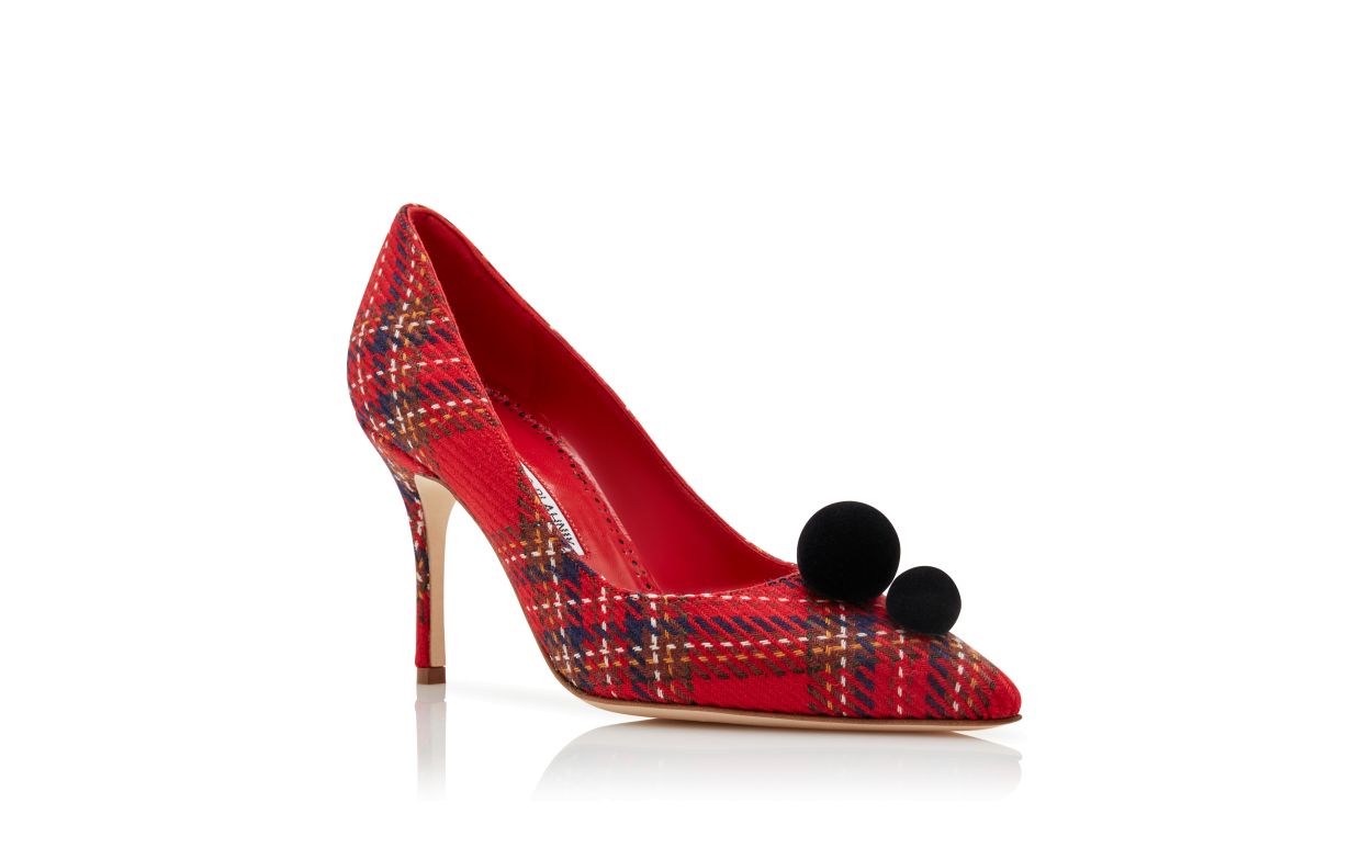 Designer Red Wool Tartan Pom Pom Detail Pumps - Image Upsell