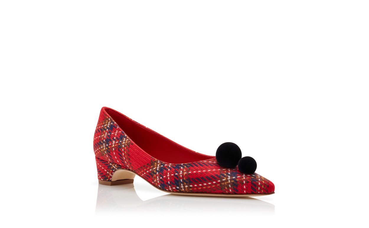 Designer Red Wool Tartan Pom Pom Detail Pumps - Image Upsell