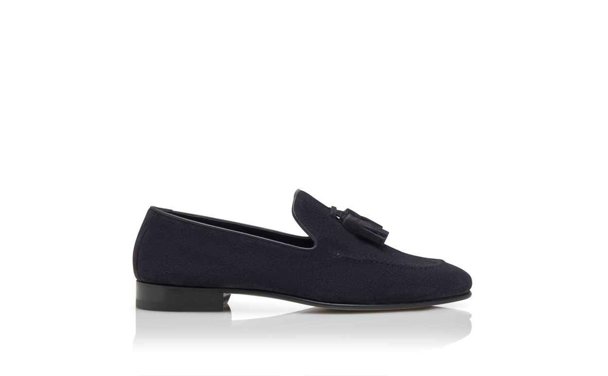 Designer Navy Blue Suede Loafers - Image Side View