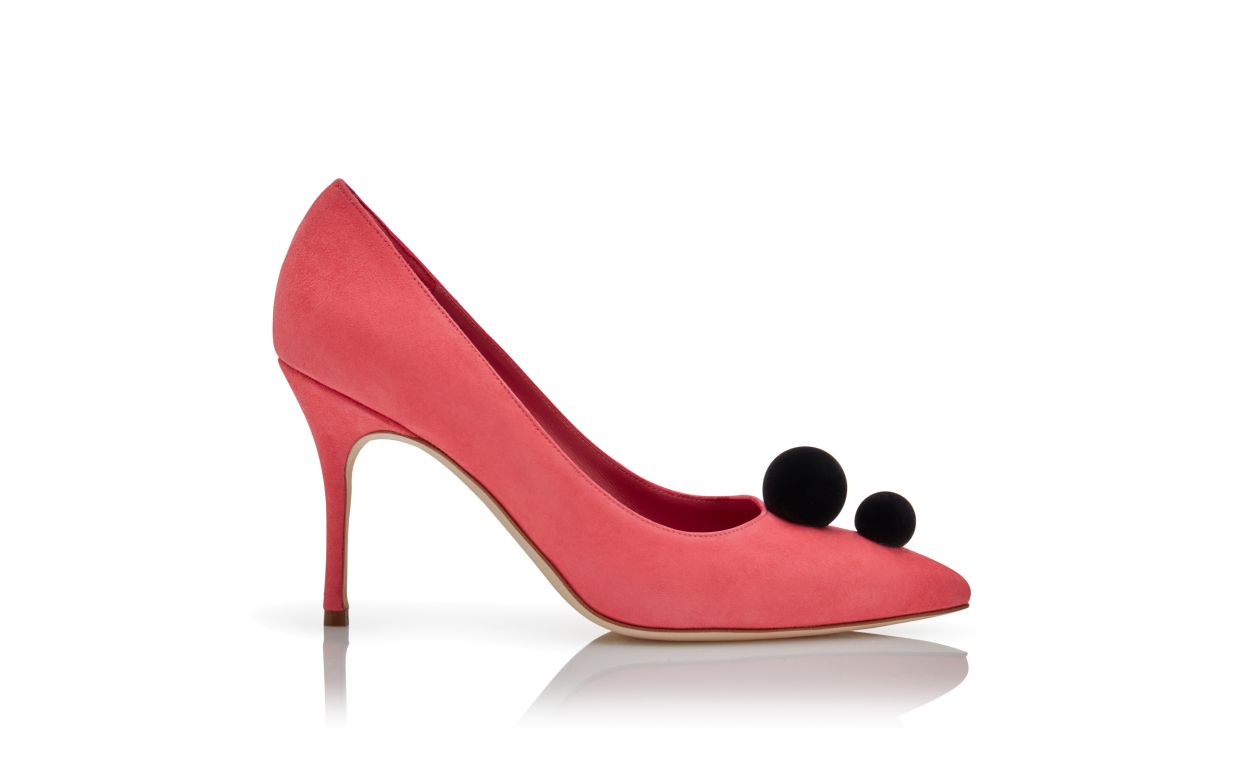 Designer Pink and Black Suede Pom Pom Detail Pumps - Image Side View