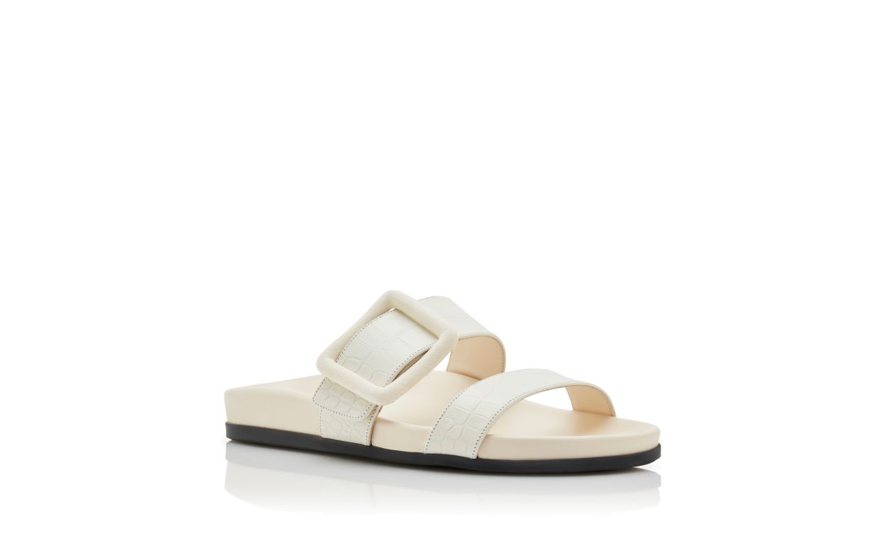 Designer White Calf Leather Buckle Detail Flat Mules - Image Upsell