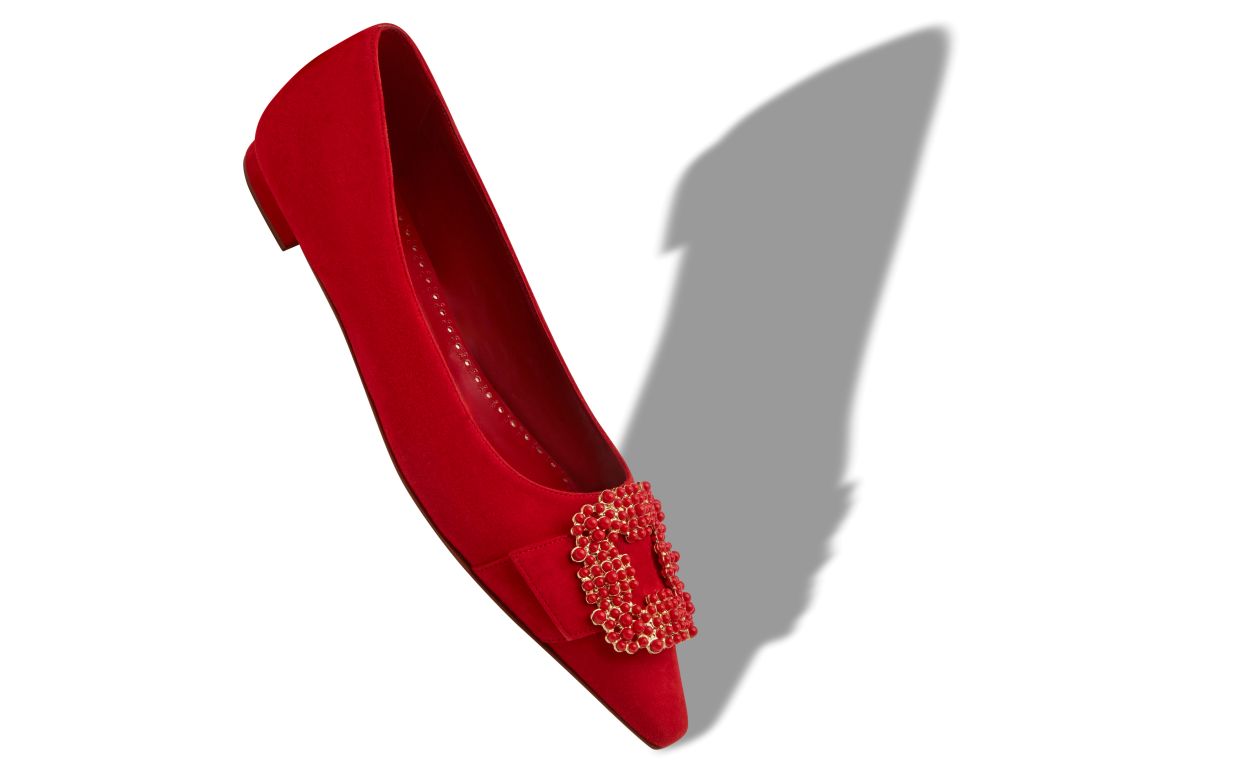 Designer Red Suede Pearl Buckle Flat Pumps - Image small_image