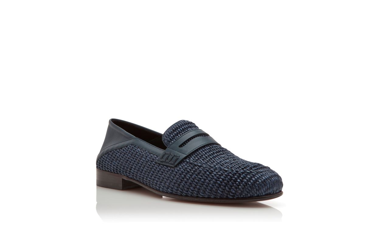 Designer Navy Blue Raffia Penny Loafers - Image Upsell