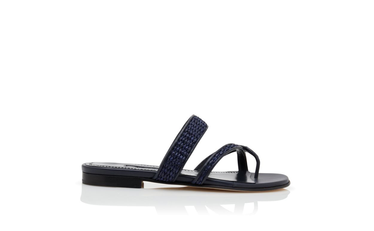 Designer Navy Blue Raffia Flat Sandals - Image Side View