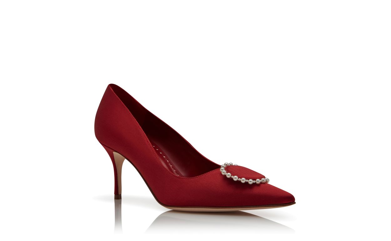 Designer Red Satin Pearl Detail Pumps  - Image Upsell