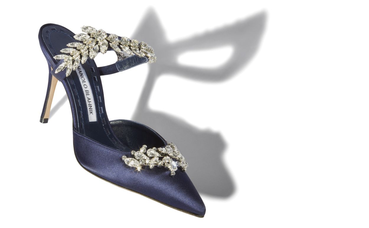 LURUM | Navy Satin Crystal Embellished Mules | Manolo Blahnik