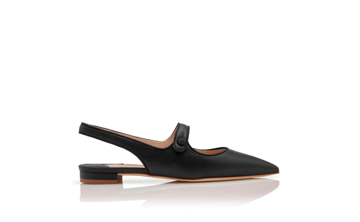 Designer Black Nappa Leather Slingback Flat Pumps - Image Side View