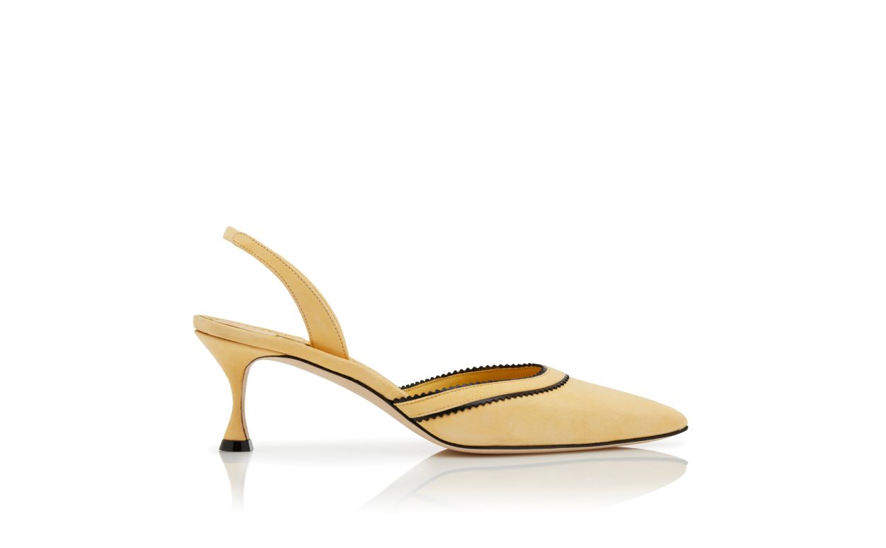 Designer Yellow Suede Pinking Detail Slingback Pumps - Image Side View