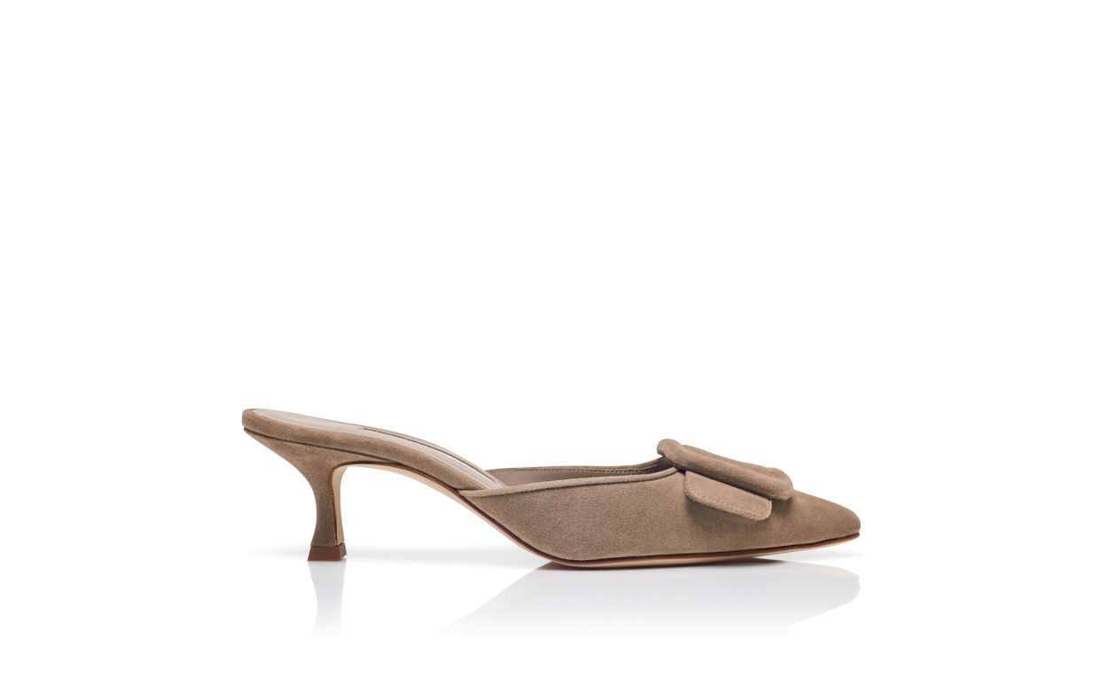 Designer Light Brown Suede Buckle Detail Mules - Image Side View