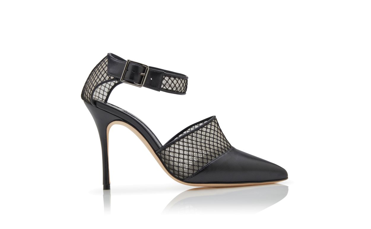 Designer Black Nappa Leather Ankle Strap Pumps - Image Side View