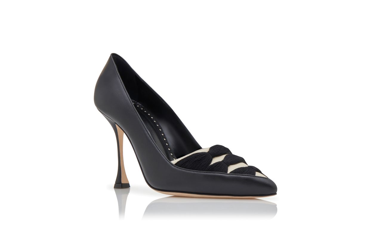 Designer Black and Cream Nappa Leather Ruched Pumps - Image Upsell