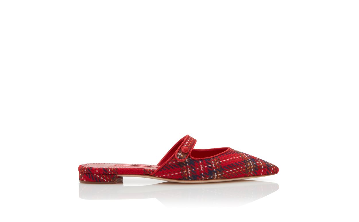 Designer Red Wool Tartan Flat Mules - Image Side View