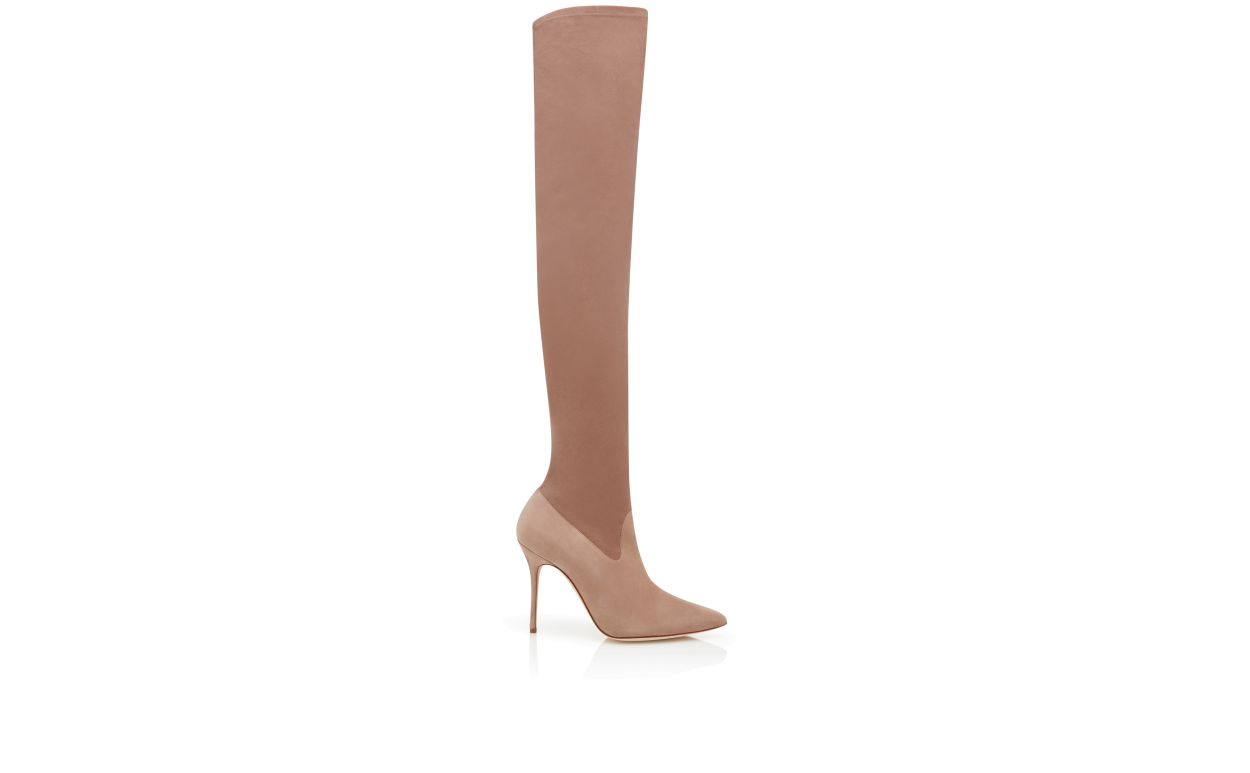 Designer Beige Suede Fitted Thigh High Boots - Image Side View