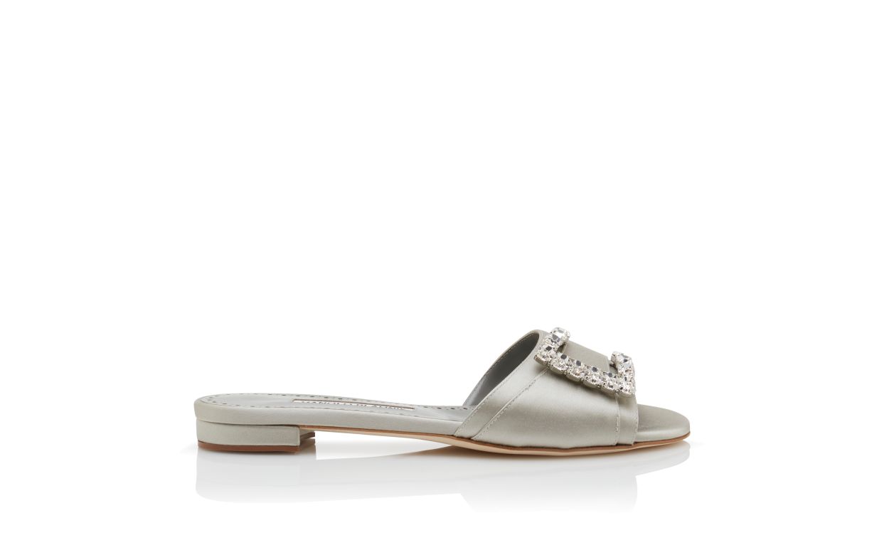 Designer Grey Satin Embellished Flat Sandals - Image Side View