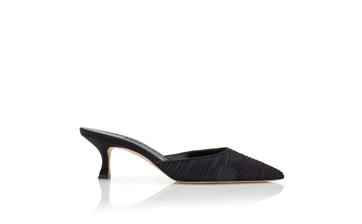 Designer Black Satin Pointed Toe Mules - Image Side View