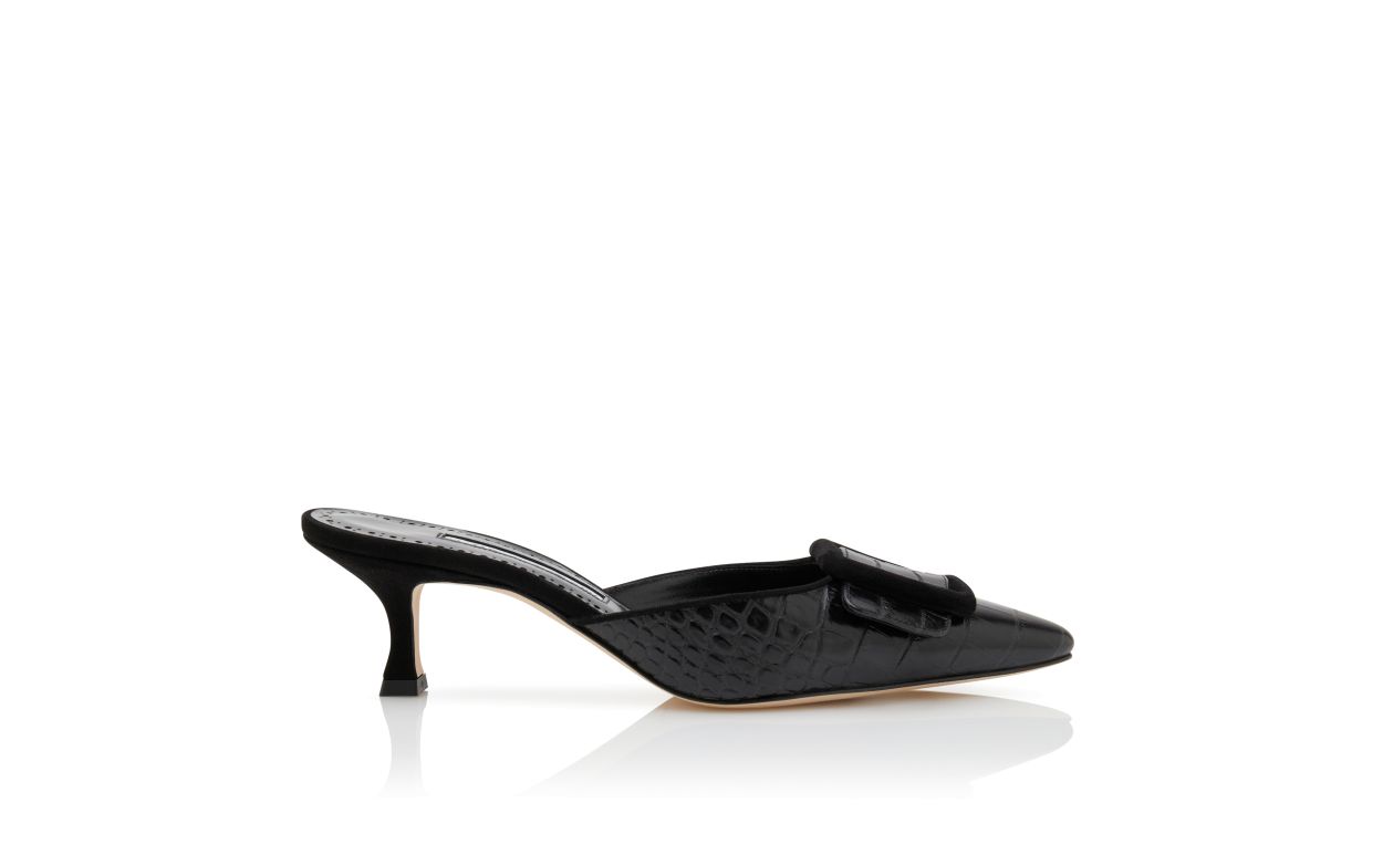 Designer Black Calf Leather Buckle Detail Mules - Image Side View