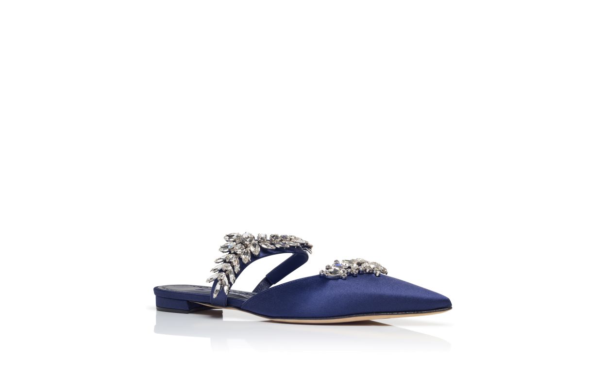 Designer Navy Blue Satin Crystal Embellished Flat Mules - Image Upsell