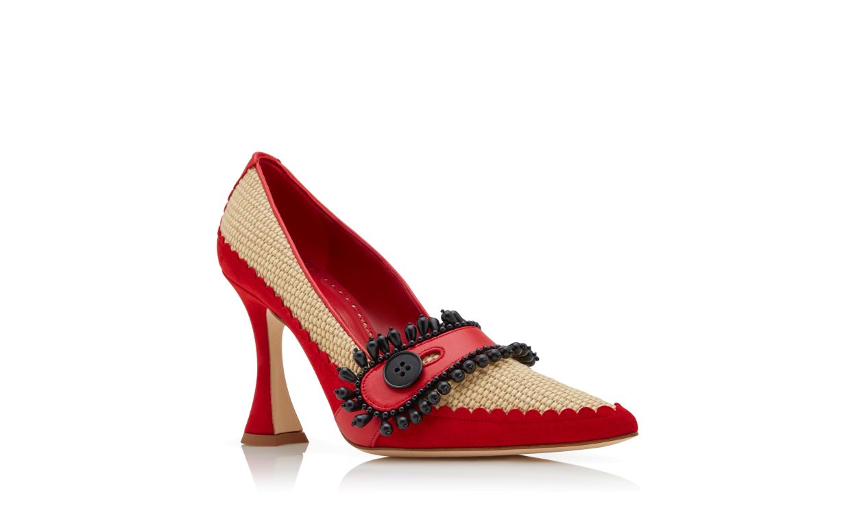 Designer Red and Beige Raffia Pointed Toe Pumps - Image Upsell