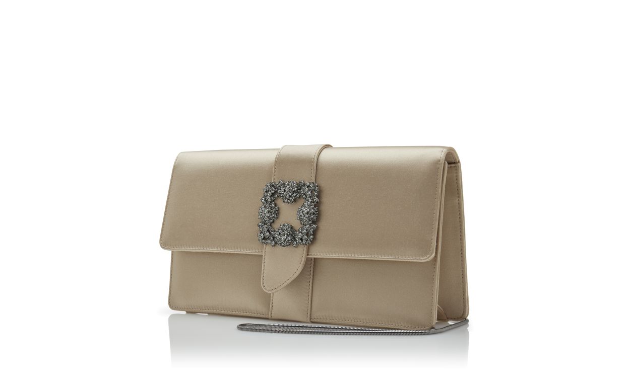 Designer Light Beige Satin Jewel Buckle Clutch - Image 