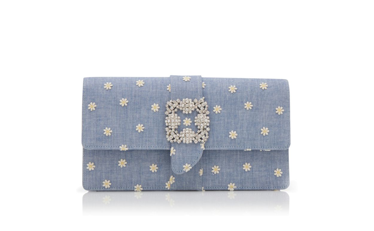 Designer Blue and White Chambray Jewel Buckle Clutch - Image Side View