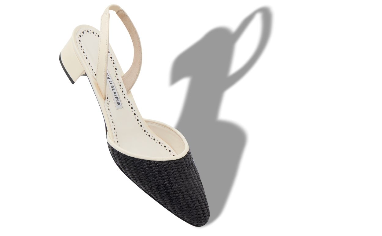 Designer Cream and Black Raffia Slingback Pumps - Image small_image