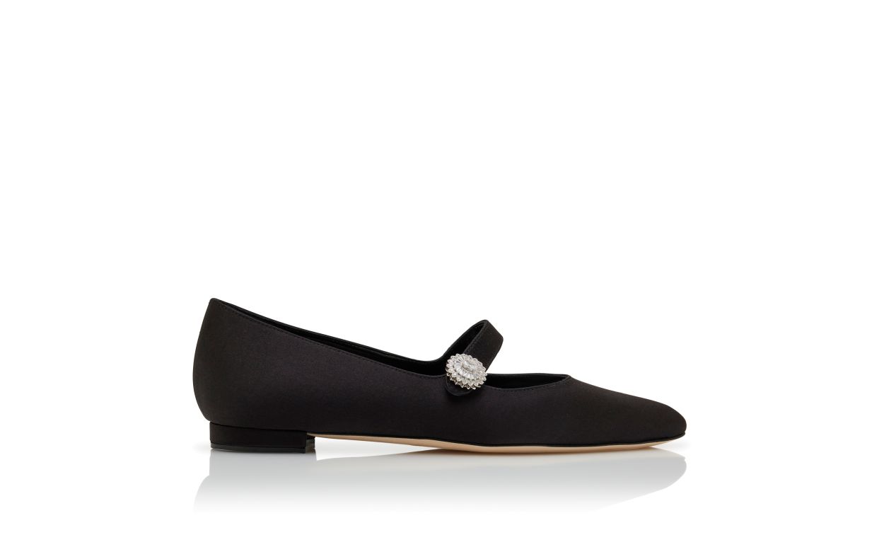 Designer Black Satin Embellished Mary Jane Flat Pumps - Image Side View