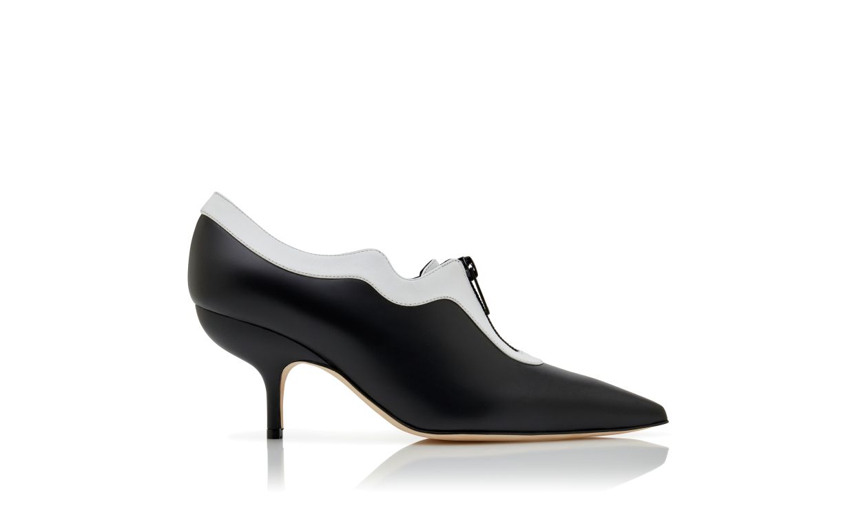 Designer Black and White Calf Leather Zip Detail Pumps - Image Side View